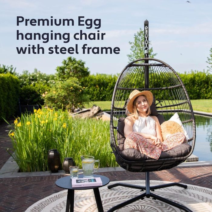 Comfortable Rattan Hanging Chair with Frame - Boho Egg Swing for Indoor & Outdoor - 150 Kg Load Capacity - Dark Grey - Image 2