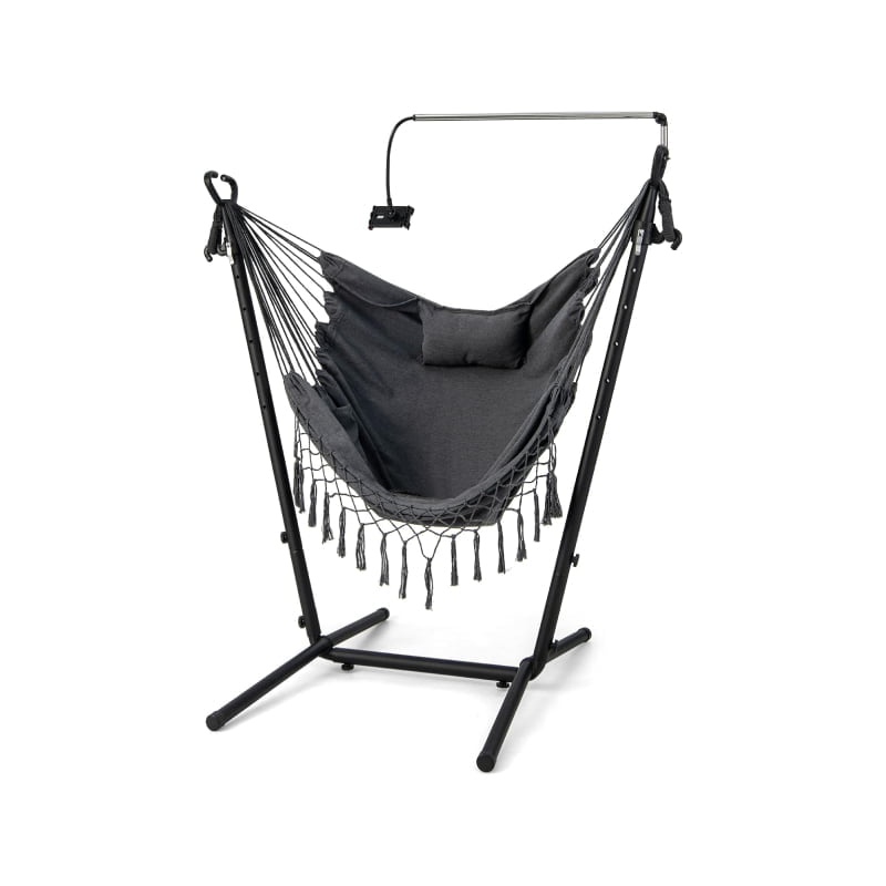 Hammock Chair with Stand - Garden Hanging Swing Chair with Phone Holder, Handy Pocket, & Pillow Grey