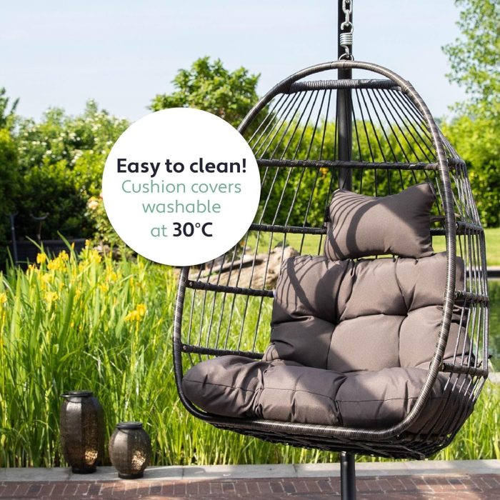 Comfortable Rattan Hanging Chair with Frame - Boho Egg Swing for Indoor & Outdoor - 150 Kg Load Capacity - Dark Grey - Image 9