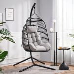 Rattan Egg Swing Chair with Cushion & Cover - Garden Patio Hanging Hammock, Indoor/Outdoor, Black & Grey - Image 5