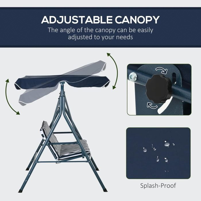 3-Seater Garden Swing Chair with Adjustable Canopy - Blue - Image 3