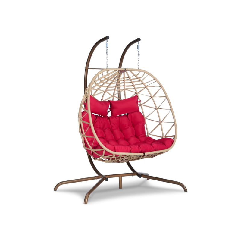 Double Swing Egg Chair with Stand, Oversized Wicker Rattan Hammock for 2