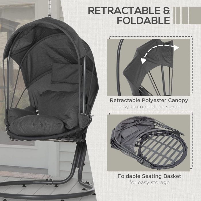 Hanging Egg Chair with Cushion and Retractable Canopy, Swing Hammock Chair - Image 4