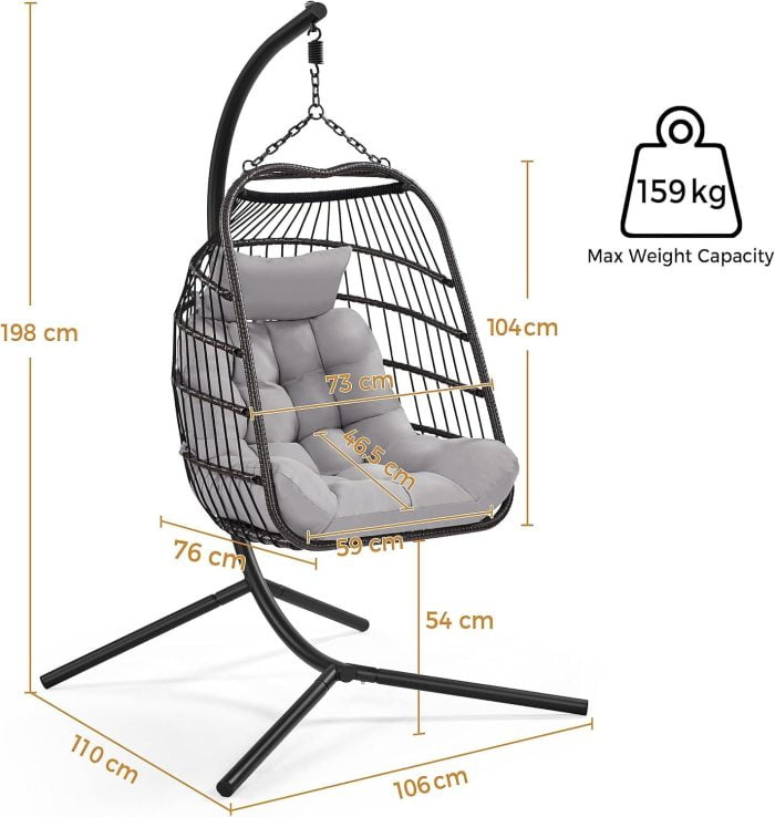Rattan Egg Swing Chair with Cushion & Cover - Garden Patio Hanging Hammock, Indoor/Outdoor, Black & Grey - Image 3