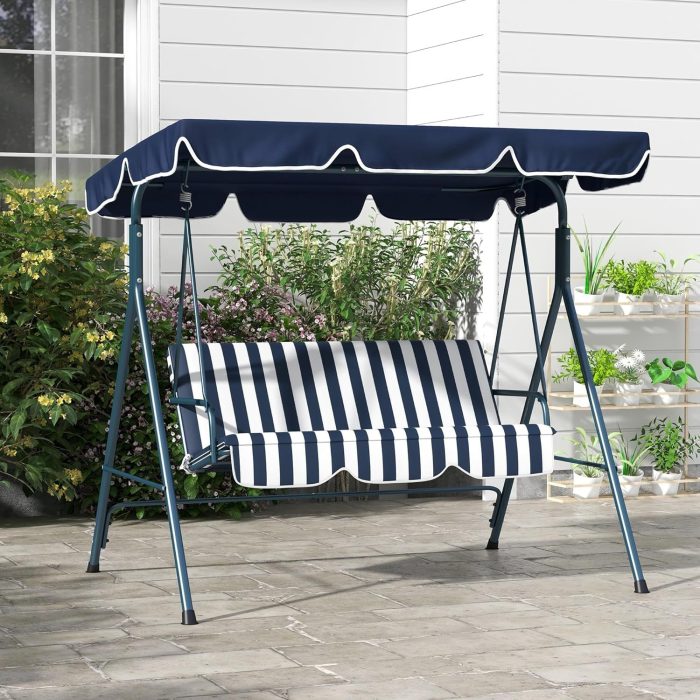 3-Seater Garden Swing Chair with Adjustable Canopy - Blue - Image 2