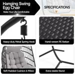 Rattan Egg Swing Chair with Cushion & Cover - Garden Patio Hanging Hammock, Indoor/Outdoor, Black & Grey - Image 6